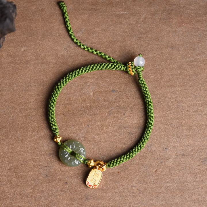 Buddha Stones Green Jade Peace Buckle Green Rope Bracelet - image 7