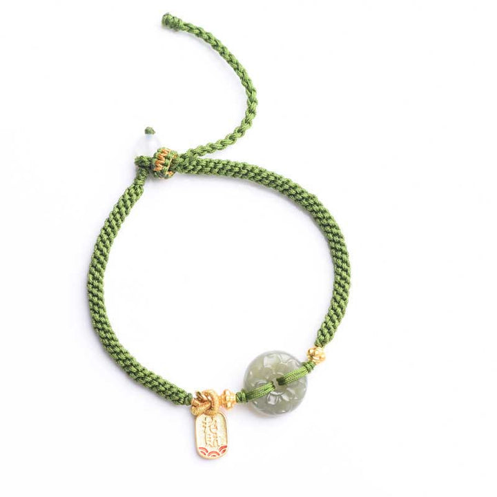 Buddha Stones Green Jade Peace Buckle Green Rope Bracelet - image 10