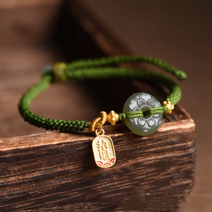 Buddha Stones Green Jade Peace Buckle Green Rope Bracelet - image 1
