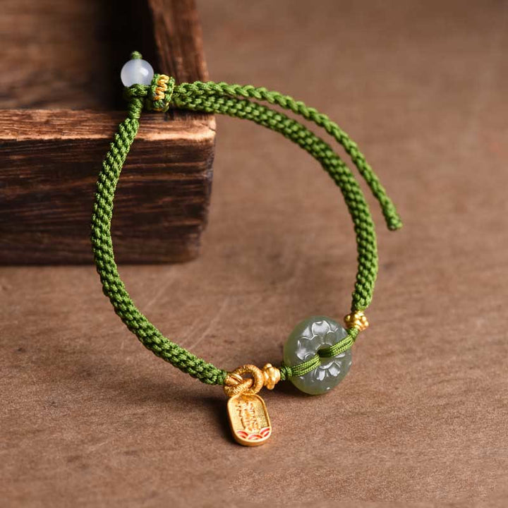 Buddha Stones Green Jade Peace Buckle Green Rope Bracelet - image 8