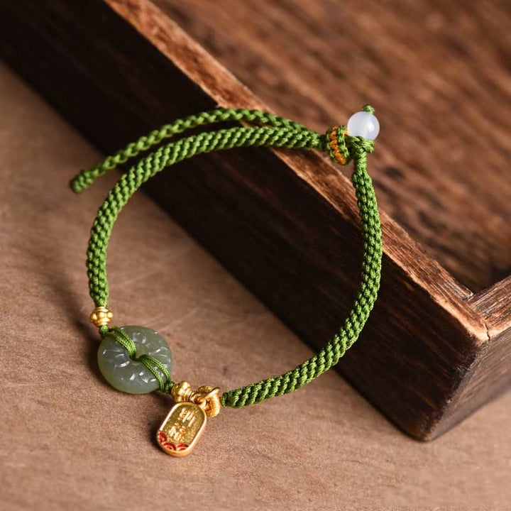 Buddha Stones Green Jade Peace Buckle Green Rope Bracelet - image 3