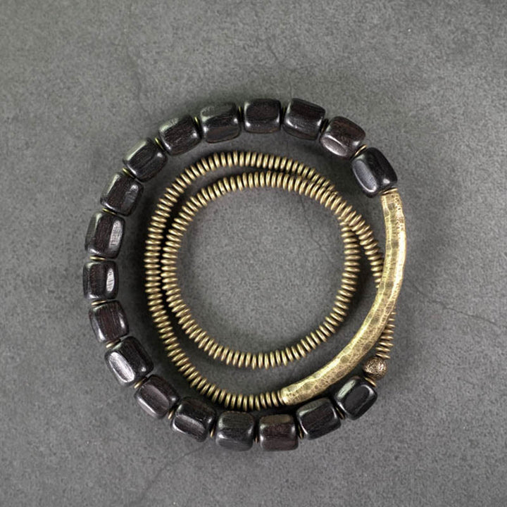 Buddha Stones Vintage Peace Tibetan Ebony Wood Beads Copper Multilayered Healing Bracelet - image 12