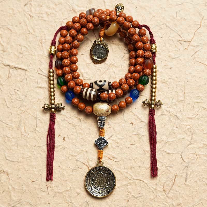 Buddha Stones Tibet Bodhi Seed 108 Mala Beads Wisdom Peace Bracelet Necklace - Nine Palaces Eight Diagrams With Copper Charm - image 2