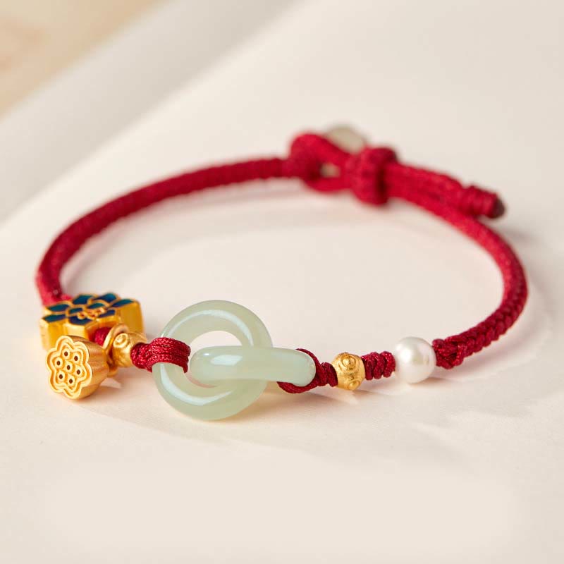 Buddha Stones Hetian Jade Lotus Peace Buckle Braided Rope Fortune Bracelet - Red(Wrist Circumference: 14-17cm) - image 0