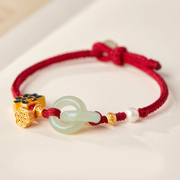 Buddha Stones Hetian Jade Lotus Peace Buckle Braided Rope Fortune Bracelet - Red(Wrist Circumference: 14-17cm) - image 0