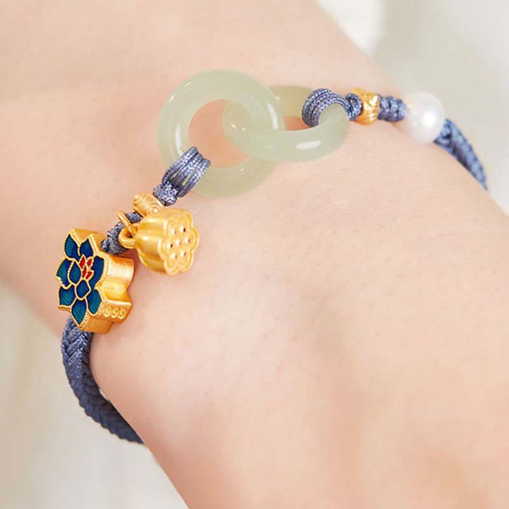 Buddha Stones Hetian Jade Lotus Peace Buckle Braided Rope Fortune Bracelet - image 18