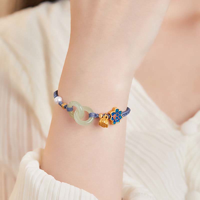 Buddha Stones Hetian Jade Lotus Peace Buckle Braided Rope Fortune Bracelet - image 13