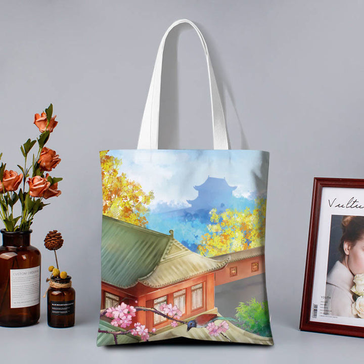 Buddha Stones Canvas Colourful Shoulder Bag - Autumn Yellow Leaves - Zipper - image 5