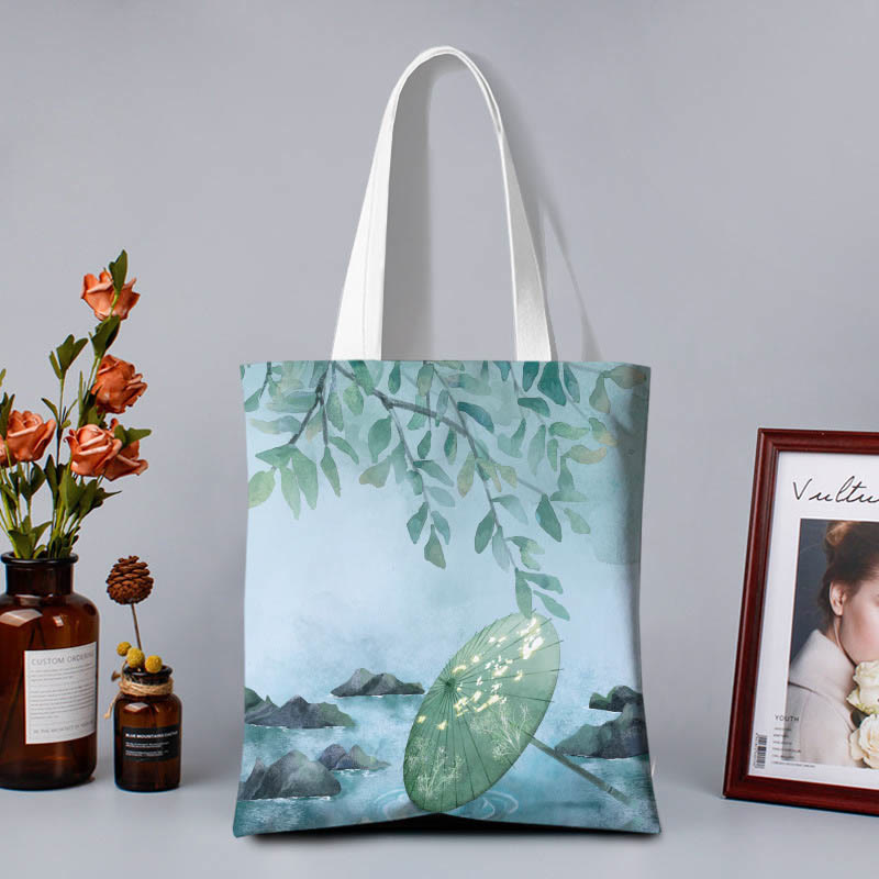 Buddha Stones Canvas Colourful Shoulder Bag - Green Paper Umbrella - Zipper - image 0