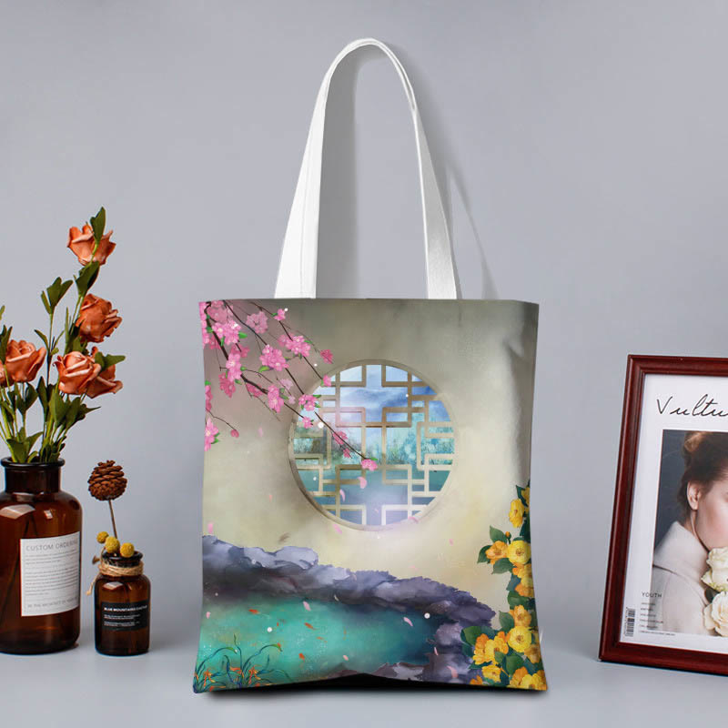 Buddha Stones Canvas Colourful Shoulder Bag - Hot Spring Peach Blossom - Zipper - image 1