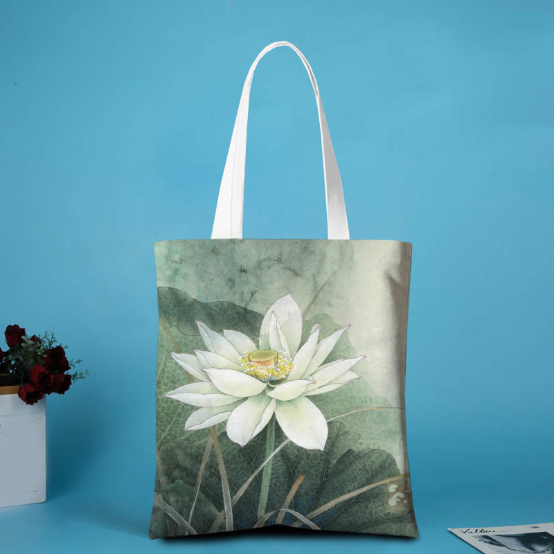 Buddha Stones Lotus Shape Canvas Shoulder Bag - White Lotus - no zipper - image 5