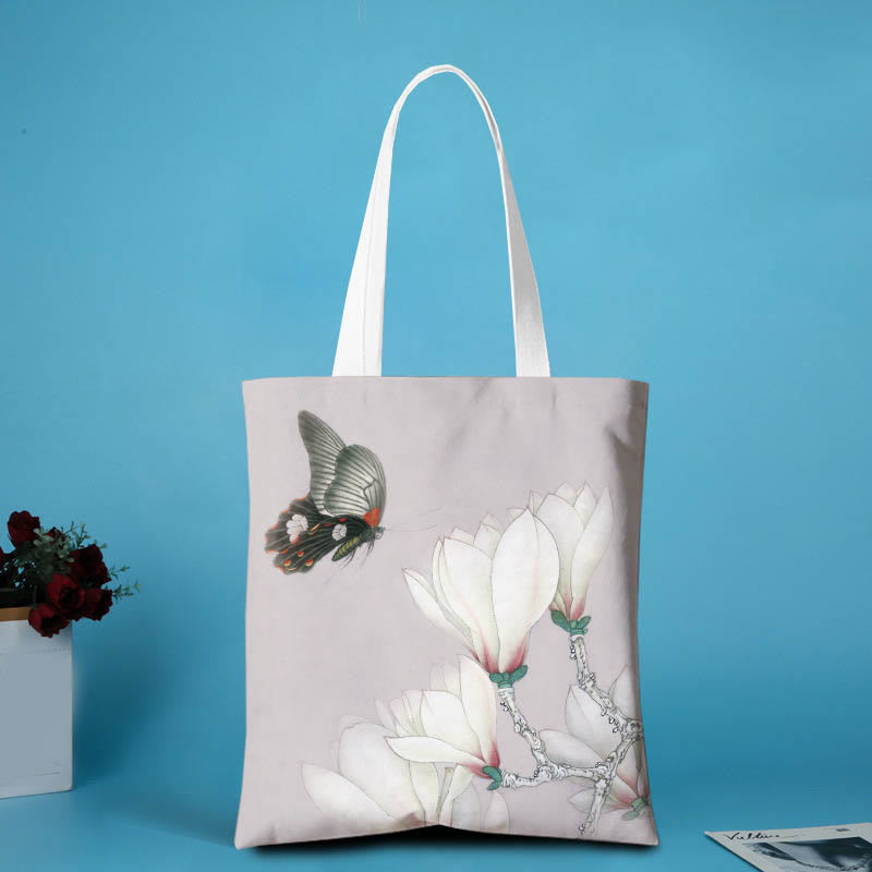 Buddha Stones Canvas Peony Shoulder Bag - Four white magnolia butterflies - no zipper - image 1
