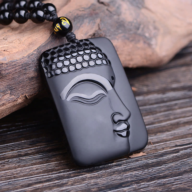 Buddha Stones Natural Black Obsidian Buddha Prayer Purification Luck Pendant Necklace - Black Obsidian - image 0