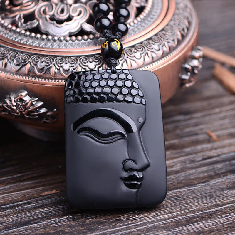 Buddha Stones Natural Black Obsidian Buddha Prayer Purification Luck Pendant Necklace - image 2
