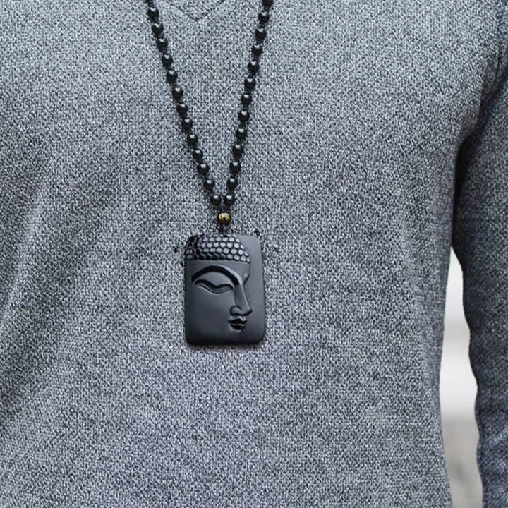 Buddha Stones Natural Black Obsidian Buddha Prayer Purification Luck Pendant Necklace - image 4