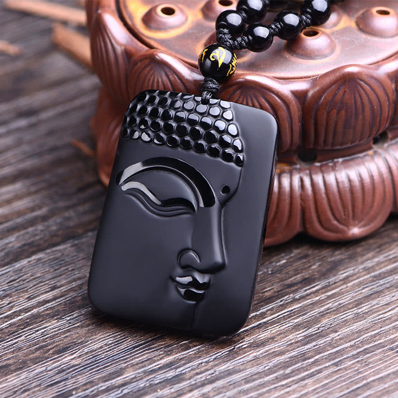 Buddha Stones Natural Black Obsidian Buddha Prayer Purification Luck Pendant Necklace - image 1