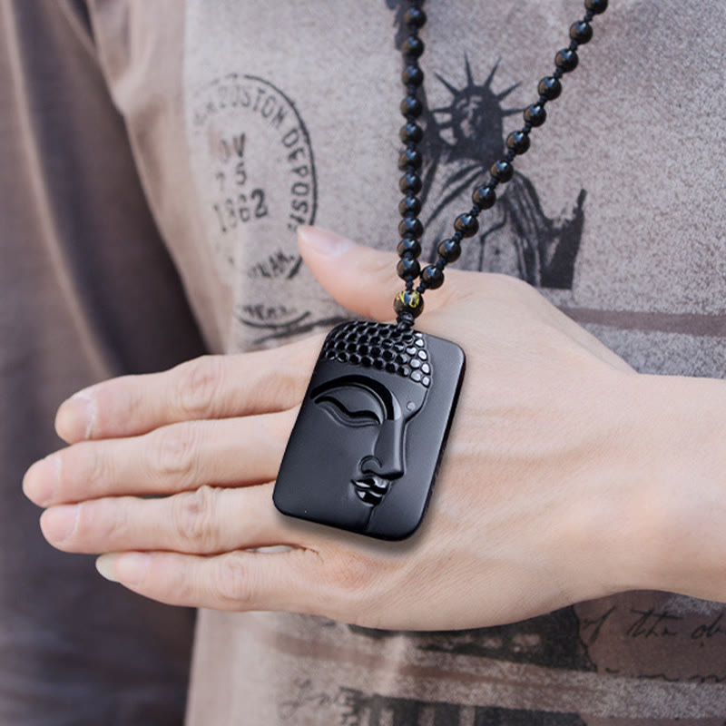Buddha Stones Natural Black Obsidian Buddha Prayer Purification Luck Pendant Necklace - image 9