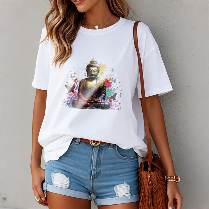 Buddha Stones Colorful Butterfly Flying Meditation Buddha Tee T-shirt - image 6