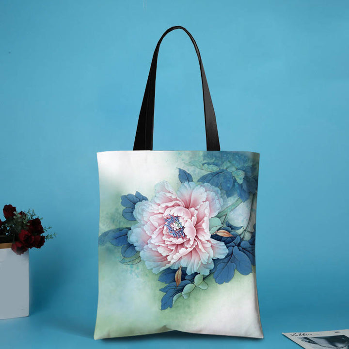Buddha Stones Large Capacity Handmade Canvas Ink Lotus Dragonfly Shoulder Bag Shopping Bag - Big Flower(31*35cm) - image 2