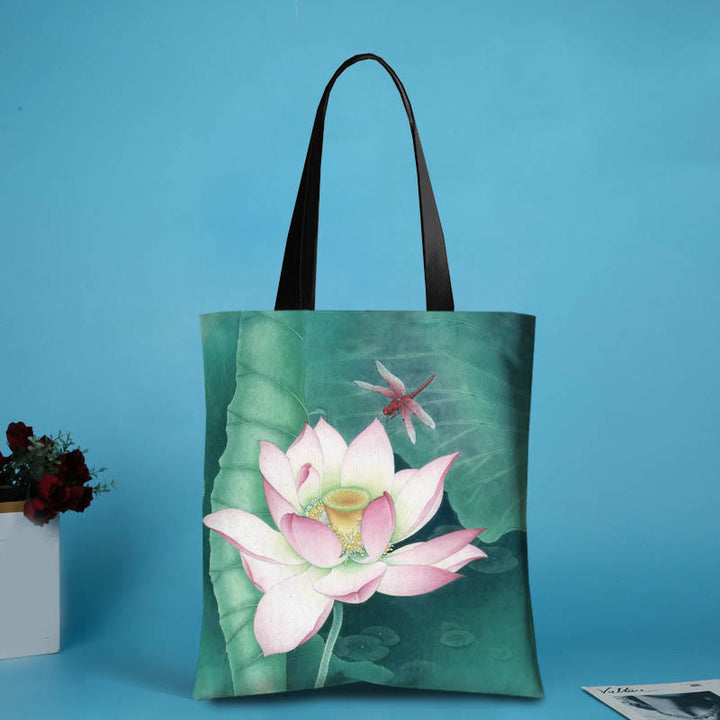 Buddha Stones Large Capacity Handmade Canvas Ink Lotus Dragonfly Shoulder Bag Shopping Bag - Dragonfly(31*35cm) - image 3