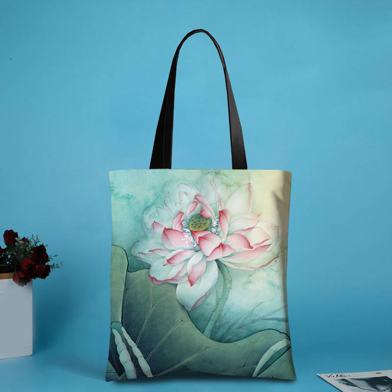 Buddha Stones Large Capacity Handmade Canvas Ink Lotus Dragonfly Shoulder Bag Shopping Bag - Pink Lotus(31*35cm) - image 4