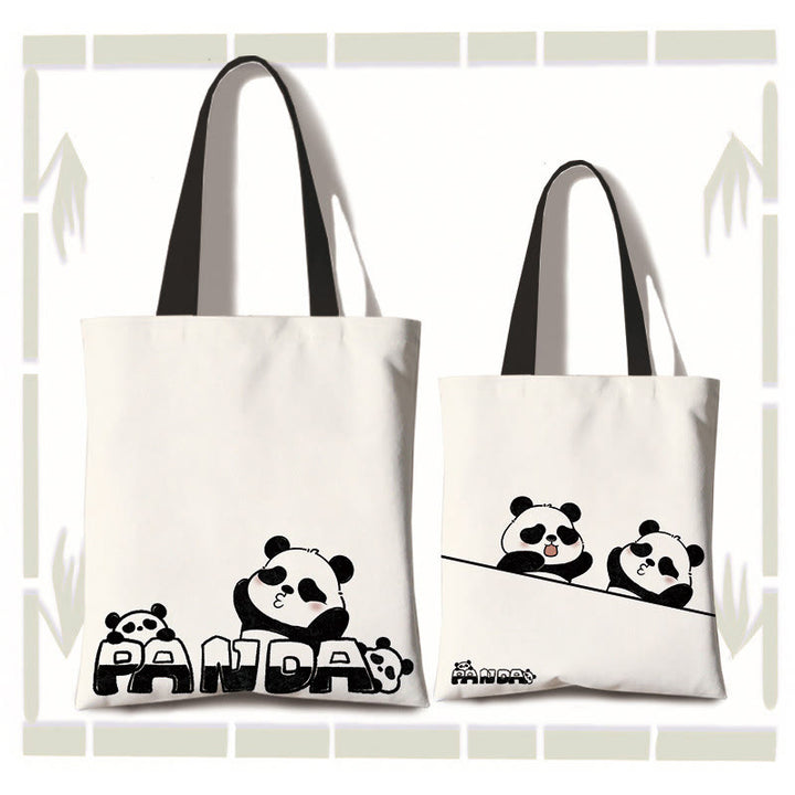 Buddha Stones Large Capacity Handmade Canvas Cute Panda Commuter Shoulder Bag Shopping Bag - Kiss-Kiss(zipper and inner pocket) - image 3