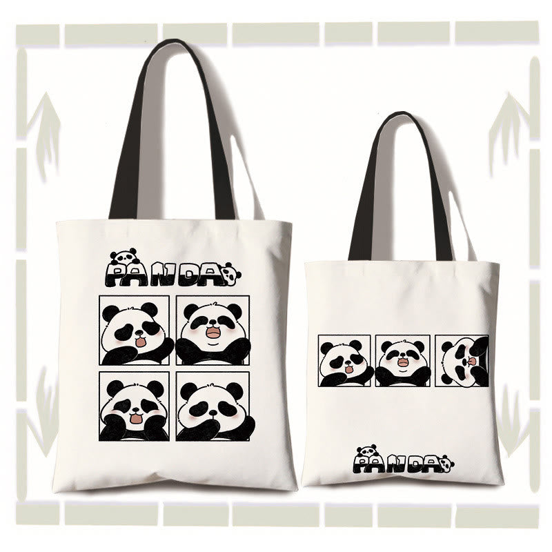 Buddha Stones Large Capacity Handmade Canvas Cute Panda Commuter Shoulder Bag Shopping Bag - 4-Grids Emoji(zipper and inner pocket) - image 4