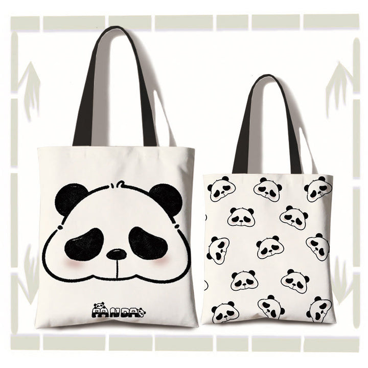 Buddha Stones Large Capacity Handmade Canvas Cute Panda Commuter Shoulder Bag Shopping Bag - Profile(zipper and inner pocket) - image 0