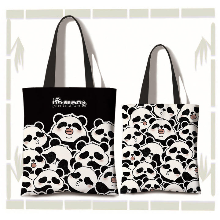 Buddha Stones Handmade Large Capacity Canvas Cute Panda Commuter Shopping Shoulder Bag - Jenga Panda(zipper and inner pocket) - image 2