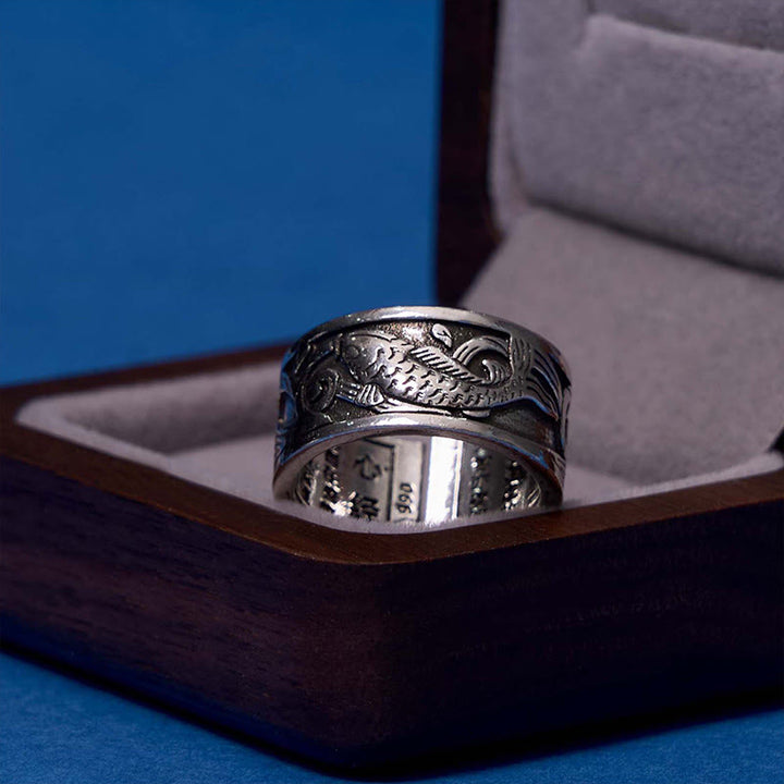 Buddha Stones Koi Fish Heart Sutra Carved Design Luck Wealth Ring - image 4