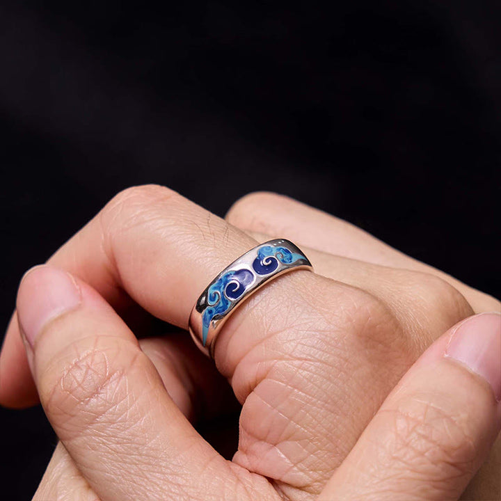 Buddha Stones Blue Auspicious Clouds Pattern Wealth Copper Adjustable Ring - image 5