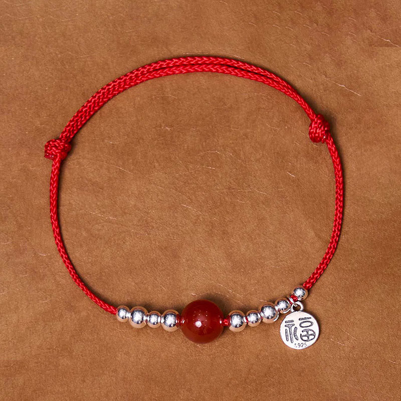 Buddha Stones Handmade 925 Sterling Silver Fu Character Red Agate Fortune Braided Ultra-Thin Rope Bracelet - Red Ultra-Thin Rope(Wrist Circumference 14-20cm) - image 0