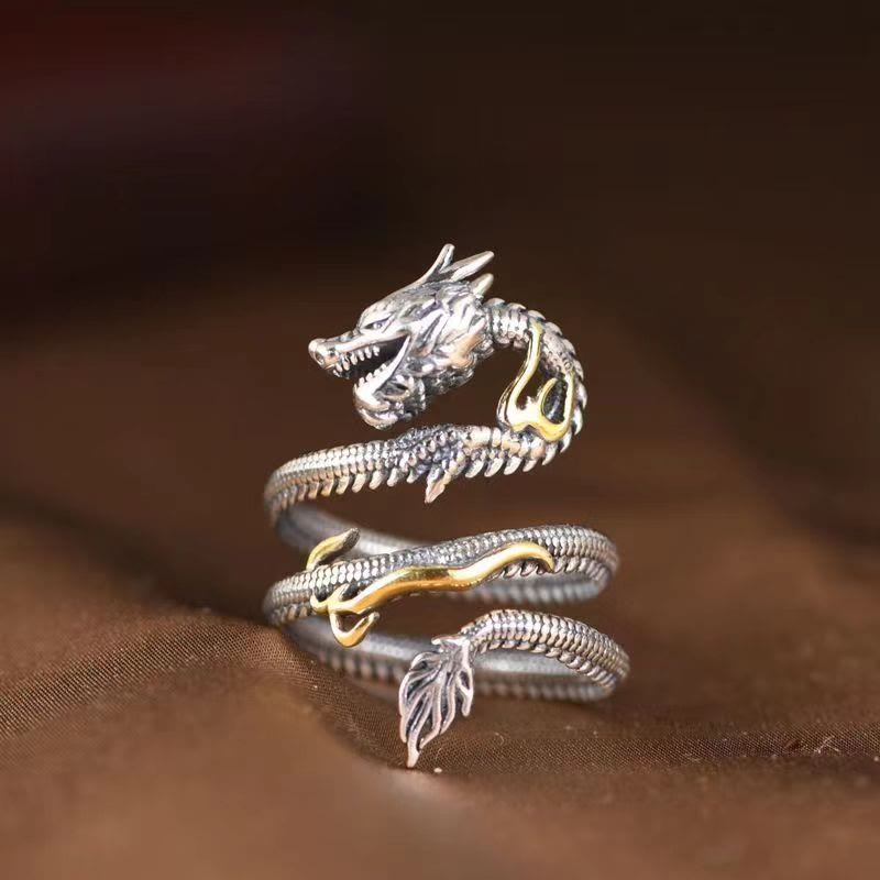 Buddha Stones Vintage Dragon Pattern Protection Ring - Vintage Dragon Pattern(Adjustable) - image 0