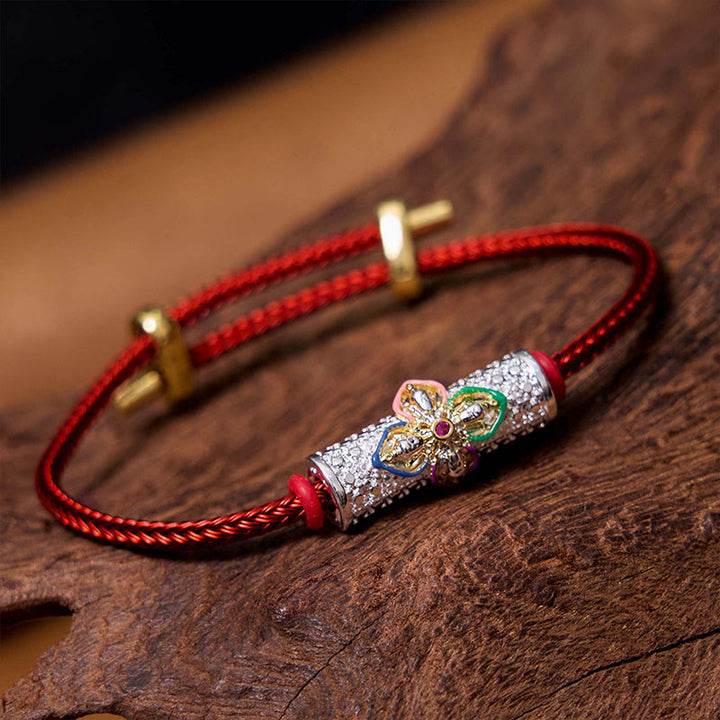 Buddha Stones Copper Luck Red String Bracelet - Silver Colourful Flower Red String(Wrist Circumference: 14-20cm) - image 0