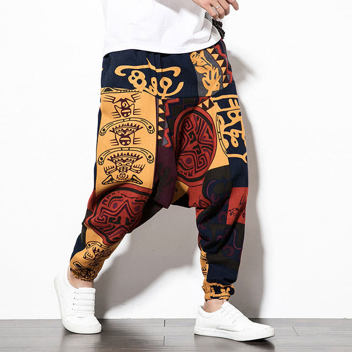 Buddha Stones Red Brown Graffiti Bird Print Men's Harem Pants With Pockets - image 3