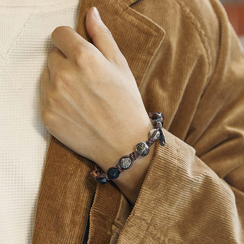 Buddha Stones Retro 925 Sterling Silver Silver Sheen Obsidian Transport Rope Handmade Braided Bracelet - image 4