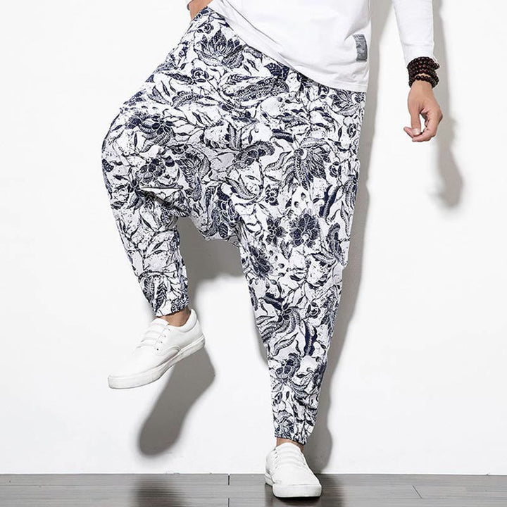Buddha Stones Leaves Vine Print Cotton Men's Long Cropped Harem Pants With Pockets - image 7