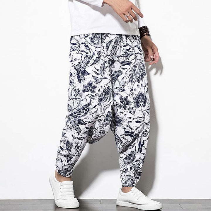 Buddha Stones Leaves Vine Print Cotton Men's Long Cropped Harem Pants With Pockets - image 4