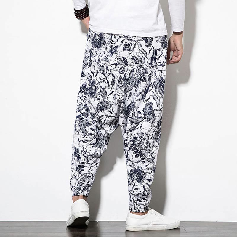 Buddha Stones Leaves Vine Print Cotton Men's Long Cropped Harem Pants With Pockets - image 2