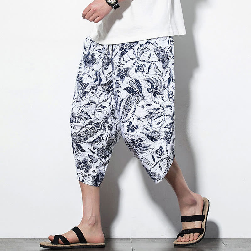 Buddha Stones Leaves Vine Print Cotton Men's Long Cropped Harem Pants With Pockets - Cropped Style Azure - US/UK/AU46，EU56 (5XL) - image 9