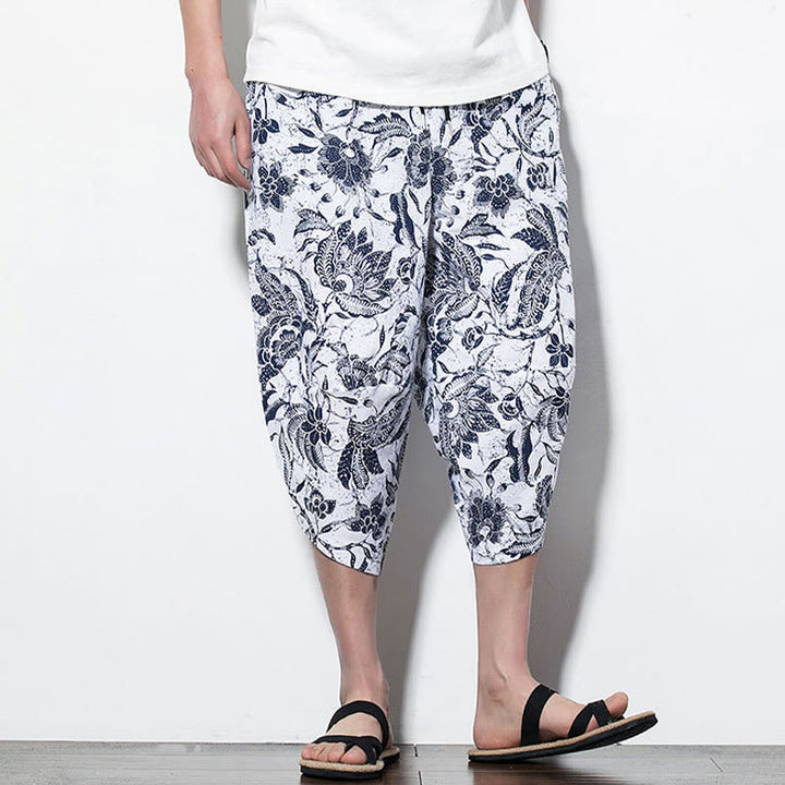 Buddha Stones Leaves Vine Print Cotton Men's Long Cropped Harem Pants With Pockets - image 14