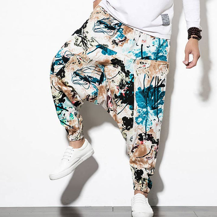 Buddha Stones Flowers Leaves Brown Blue Painting Print Cotton Men's Long Cropped Harem Pants With Pockets - image 8