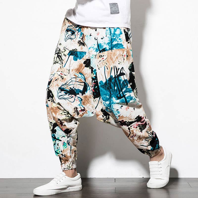 Buddha Stones Flowers Leaves Brown Blue Painting Print Cotton Men's Long Cropped Harem Pants With Pockets - image 6