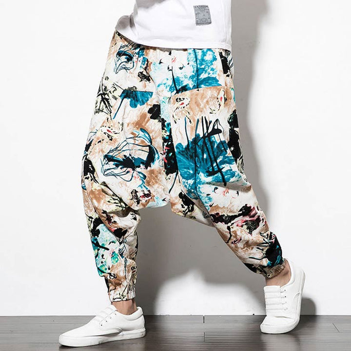 Buddha Stones Flowers Leaves Brown Blue Painting Print Cotton Men's Long Cropped Harem Pants With Pockets - image 6