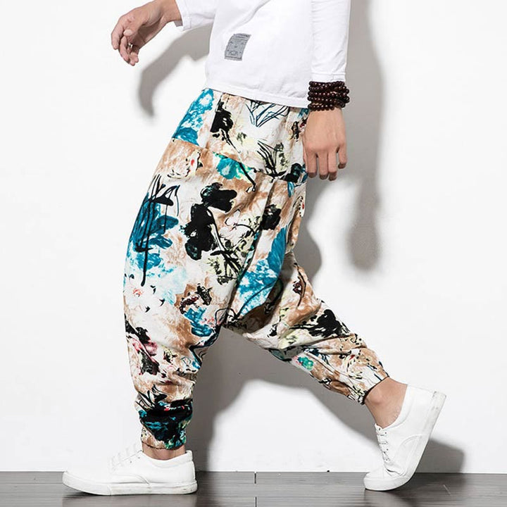 Buddha Stones Flowers Leaves Brown Blue Painting Print Cotton Men's Long Cropped Harem Pants With Pockets - Long Style SandyBrown Blue - US/UK/AU46，EU56 (5XL) - image 0
