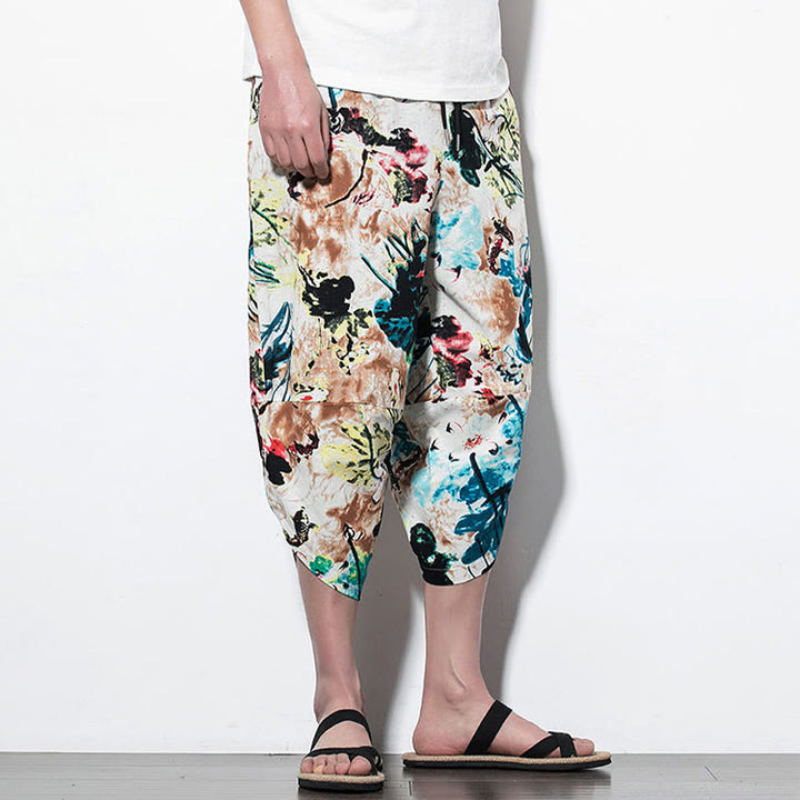 Buddha Stones Flowers Leaves Brown Blue Painting Print Cotton Men's Long Cropped Harem Pants With Pockets - image 13