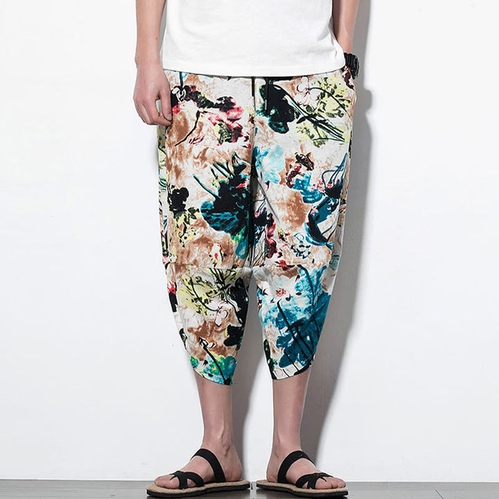 Buddha Stones Flowers Leaves Brown Blue Painting Print Cotton Men's Long Cropped Harem Pants With Pockets - image 10