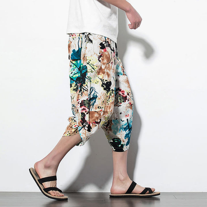 Buddha Stones Flowers Leaves Brown Blue Painting Print Cotton Men's Long Cropped Harem Pants With Pockets - image 16