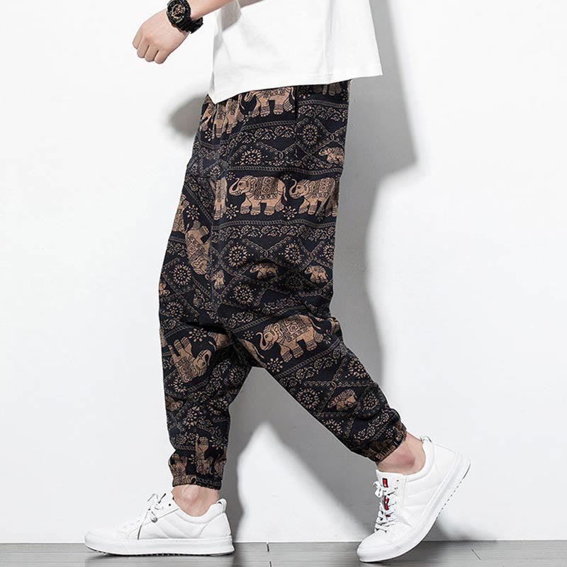 Buddha Stones Elephant Brown Black Print Cotton Men's Long Cropped Harem Pants With Pockets - image 7