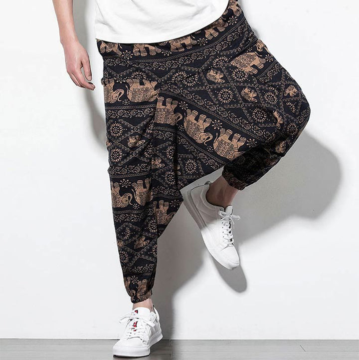 Buddha Stones Elephant Brown Black Print Cotton Men's Long Cropped Harem Pants With Pockets - image 6